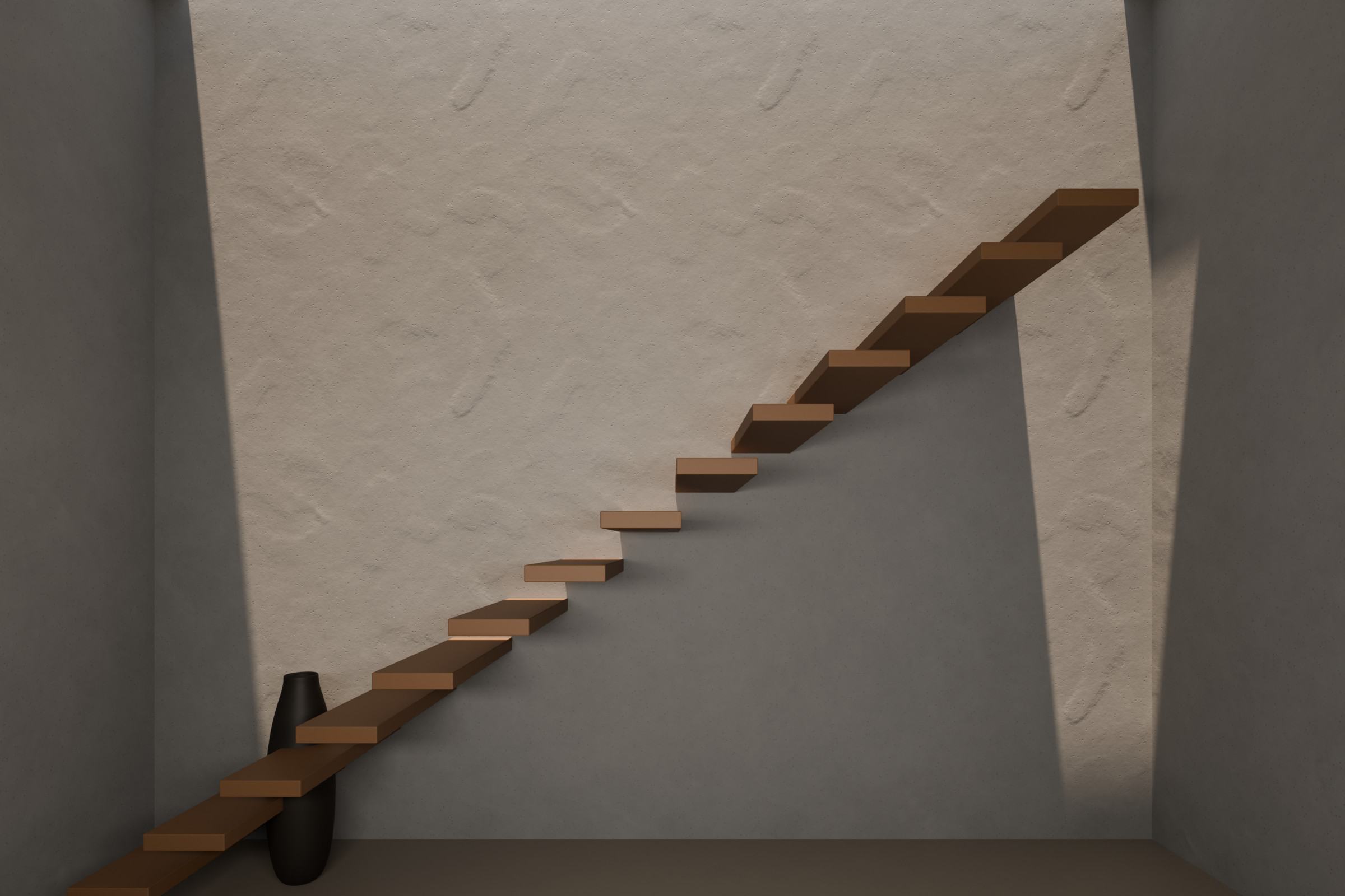 Concept render of a double-height stair hall: a grey mineral wall washed by daylight from a roof slot, with cantilevered oak treads.