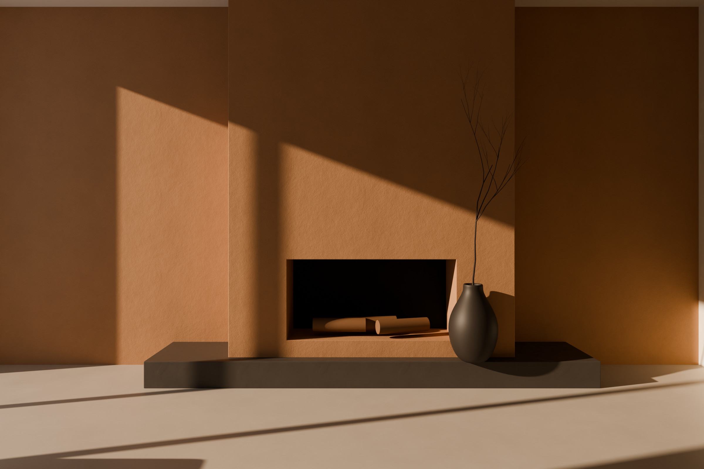 Concept render of a living room with a caramel-toned, finely granular fireplace wall in late sunlight.
