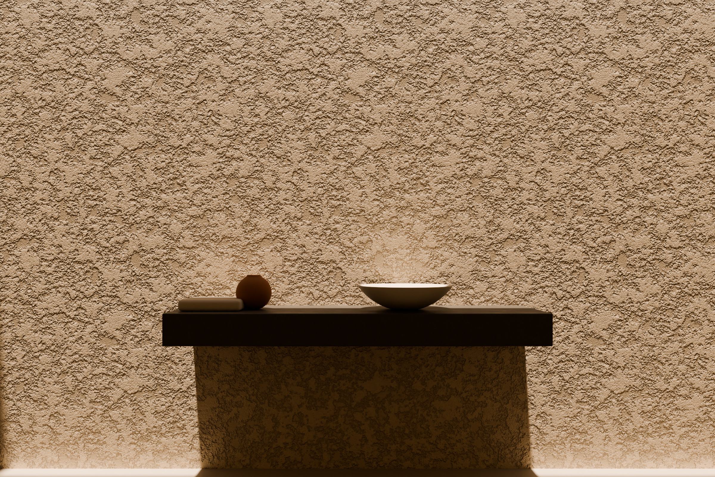 Concept render of a high-relief stone-effect wall lit from a roof slot above a floating console.