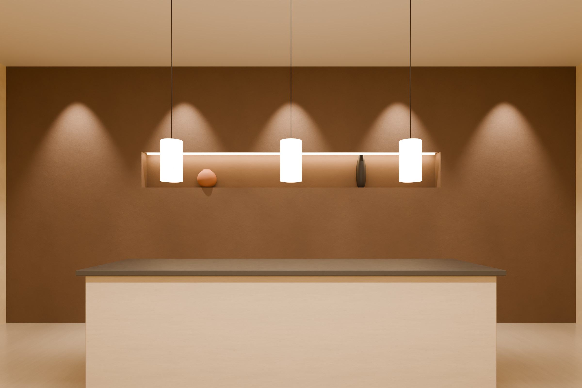 Concept render of a hotel reception: a deep brown granular wall with a lit horizontal niche, a stone desk and three pendant lights.
