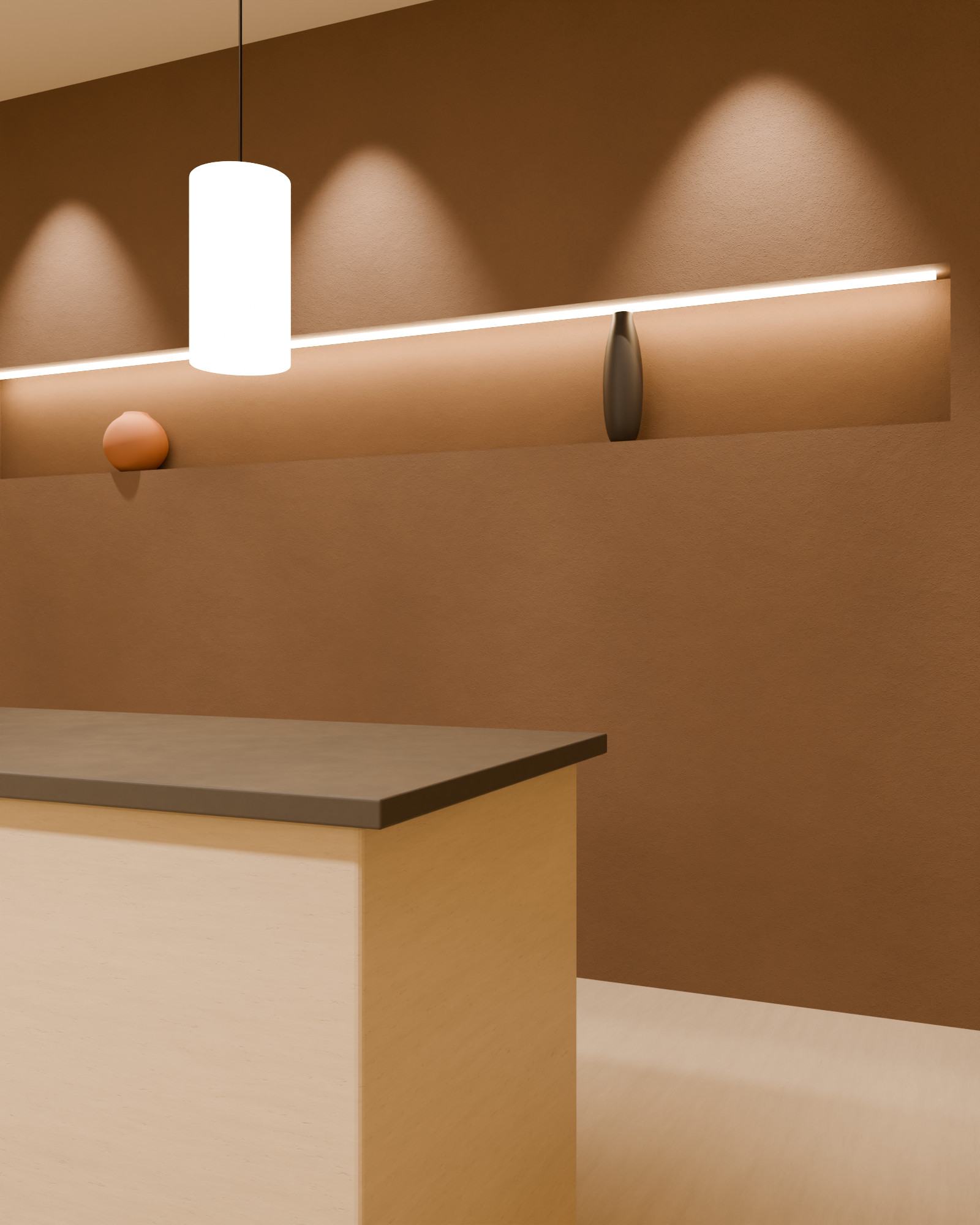 Concept render detail: the reception desk and pendant light against a warmly lit granular wall.